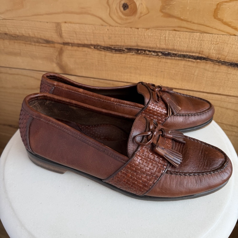 Johnston & Murphy Optima Leather Men's Loafers 9 D Brown Basket Weave Tassle VTG